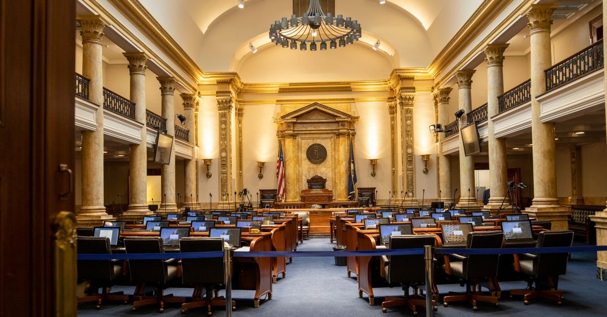 A grand government chamber with elegant columns and seating. Perfect for politics or architecture themes.